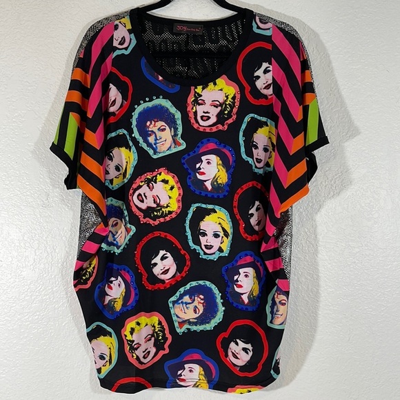 JOY Just Only You Marilyn Monroe Michael Jackson Short Sleeve Colorful Blouse - Picture 1 of 6